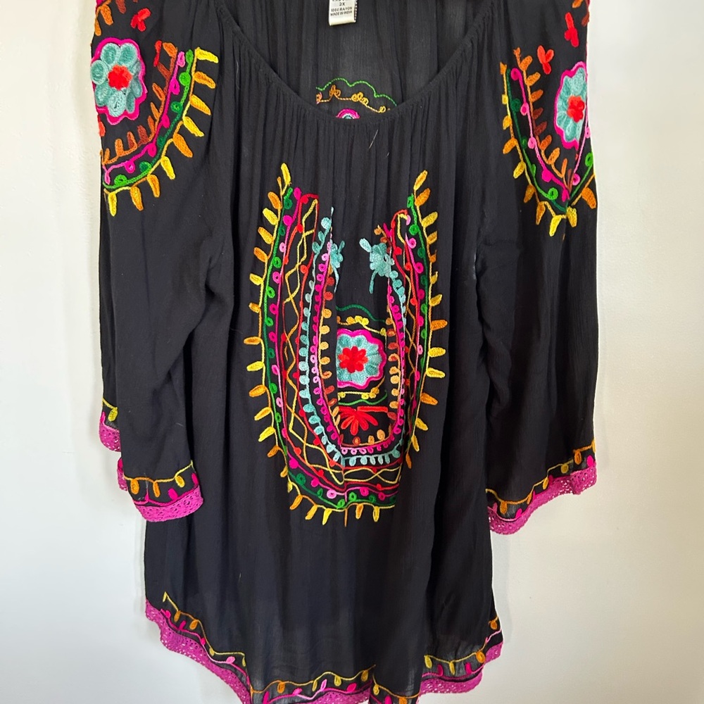 Embroidered Black Boho Tunic Top with bright colors size 2x
